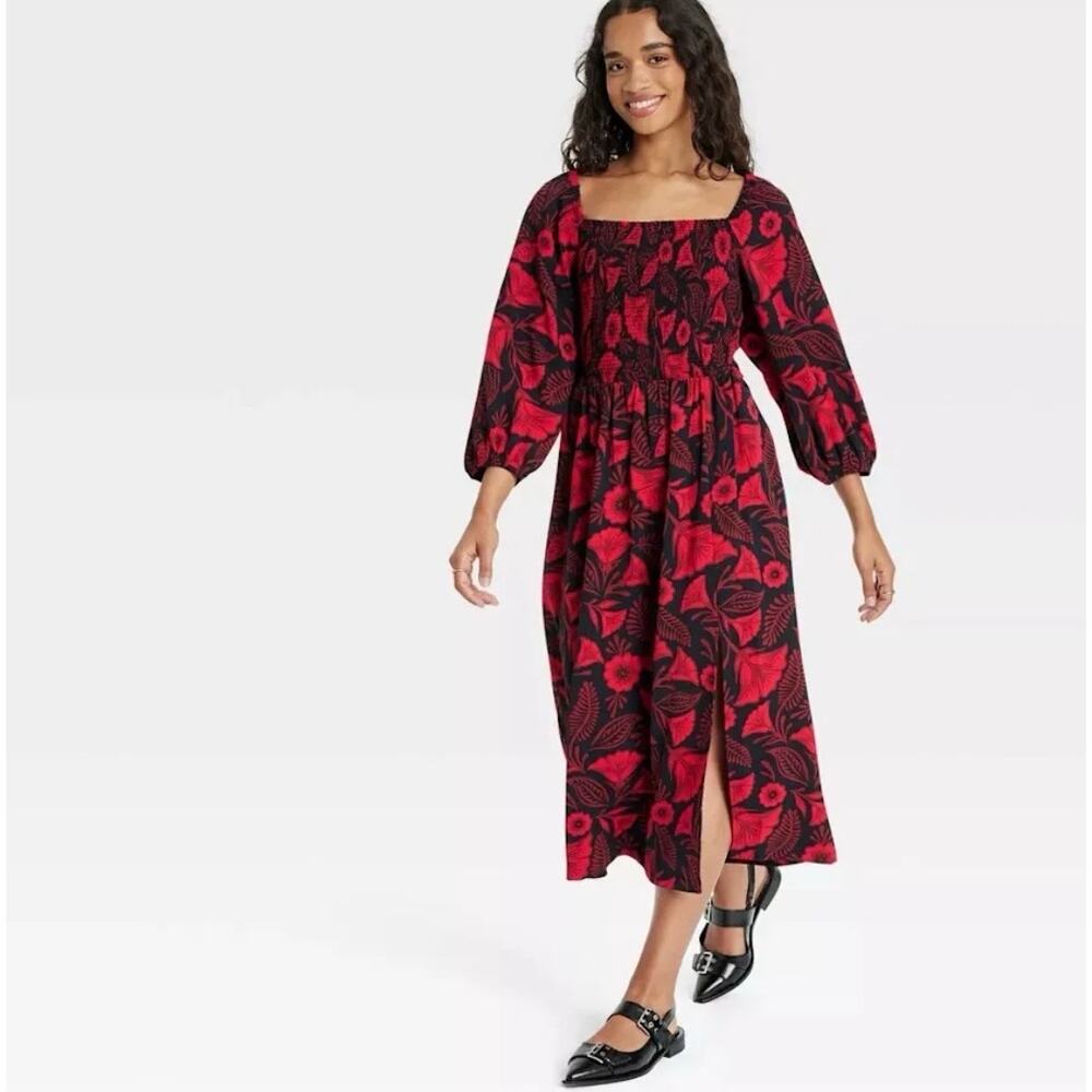 Latino Heritage Month Women's Red Floral Smocked Midi Dress L Milkmaid Romantic